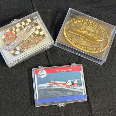 Vintage Hydro Plane Belt Buckles & 1991 Hydroplane Trading Cards