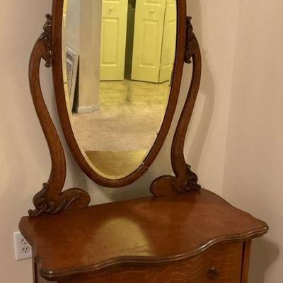 Vintage Tiger Oak Vanity with Oval Mirror