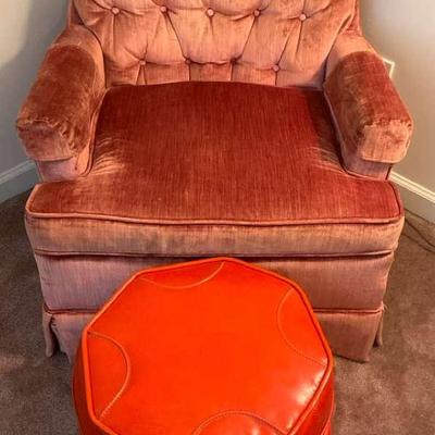 Vintage Velvet Armchair & Footstool Set