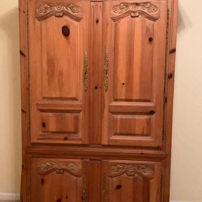 Ornate Wood Armoire Cabinet with Shelving and Drawers