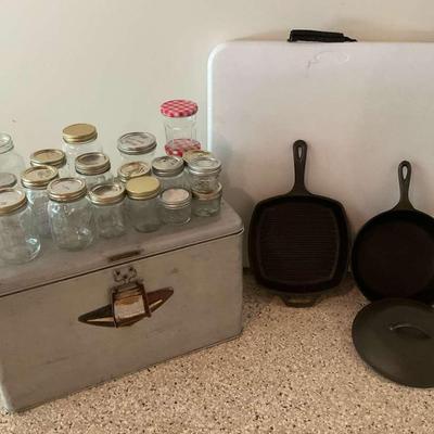 Vintage Kitchen Lot with Canning Jars, Cast Iron Pans & Metal Box