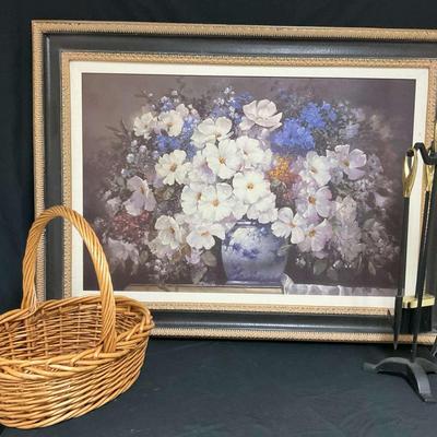 Victor Santos Floral Framed Art with Fireplace Tool Set and Woven Basket