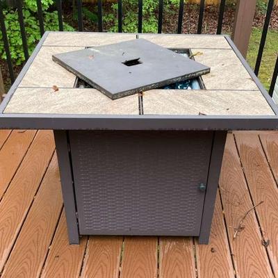Firepit Table with Blue Glass Pebbles