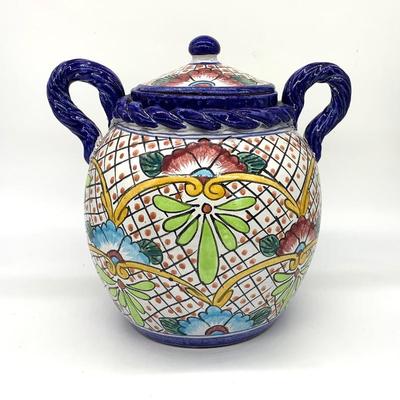 Lg. 13” Talavera pottery covered jar