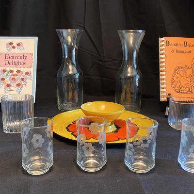 Vintage Flowered Chips & Dip Tray, Flower Etched Short Glasses Set of 4 and Glasses Assortment 