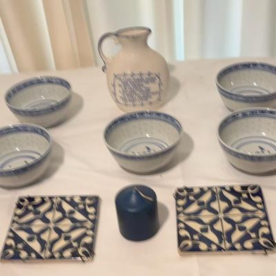 Tienshen Rice Flower Bowls (5), Morraccan Mosiac Tiles (2), Candle, Dutch Inspired Ceramic Pitcher 