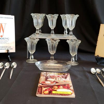 Vintage Glass Ice Cream Dishes Set of 8, Silver-plated Spoons & Cookbooks (Shelf Not Included)
