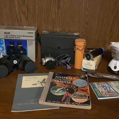 Binoculars, Telescope, Head Lamp, Books Assortment
