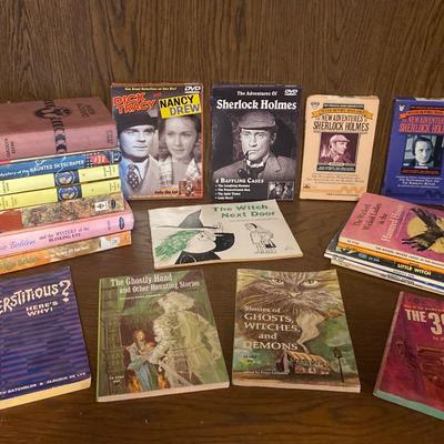 Mystery books, DVDs, cassette tapes