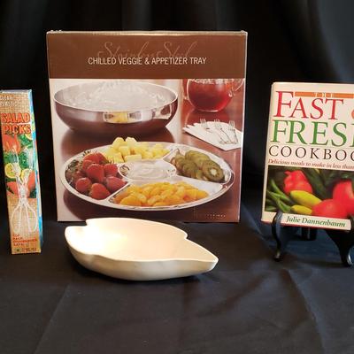 Stainless Steel Veggie & Appetizer Tray, Salad Picks, Cookbook and More 
