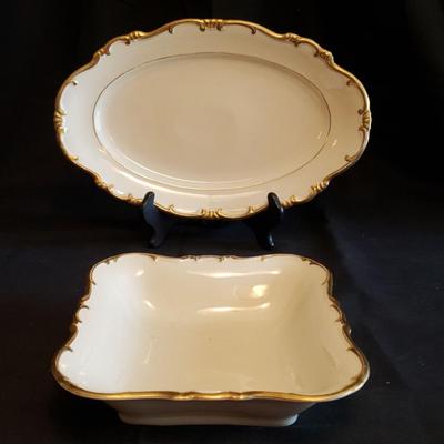 Vintage Schirnding China, Bavaria. Ivory w/ Gold Trim square serving bowl And Platter