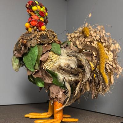 Folk Art Chicken With Real Feathers