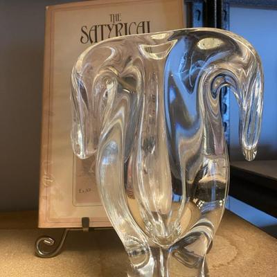 Vintage Josef Hospodka Crystal Clear Flower Vase With Satyrical Drawings Book