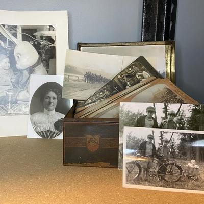 Vintage Photographs, Antique Post Cards & Tin Container