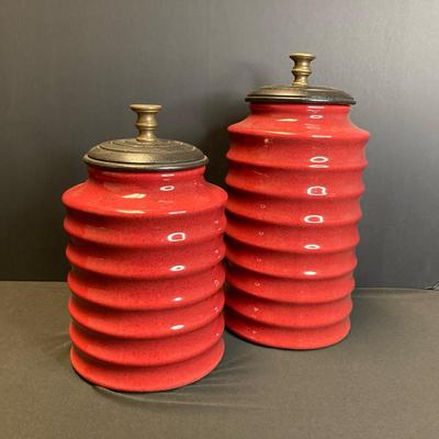 Pier 1 Imports Red And Black Speckled Ceramic Containers With Lids 