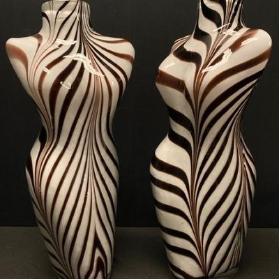 Vintage 14" Murano Style Zebra Stripe Female Torso Art Glass Vase, Set Of Two