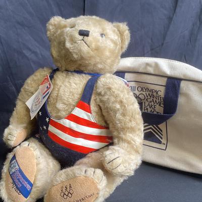 1992 Bruce Baumgartner Wrestling Cooperstown Bear With 1980 Olympic Winter Game Bag