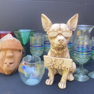 Coconut Carved Head With Bar ware And Dog Statue