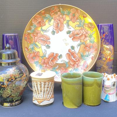 Japanese Decor Including Mugs, Ginger Jar, Plate And Vases