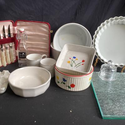 Faux Mother Of Pearl Knife Set With Pie Pans, Egg Holder And Other Kitchen Ware 