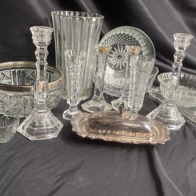 Glass Ware Including Arcorcc France Serving Bowls, Candle Holders, Tray And Silverplated Butter Dis 