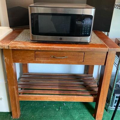 Microwave and Butcher Block Table