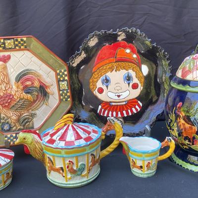 Melba Merry Go Round Teapot, Tracy Porter Cookie Jar, Ceramic Clown Plate And Bella Cosa Plate