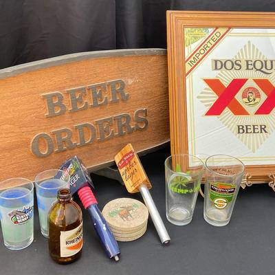 Dos Equis Mirror, Pint Glasses, Tap Pulls, Coasters, And Beer Orders Sign