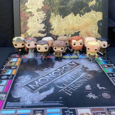 Game Of Thrones Funko Pops, Monopoly Game, And Framed Map
