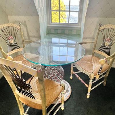 Vintage MacKenzie-Child's pedestal table and three dining chairs - 