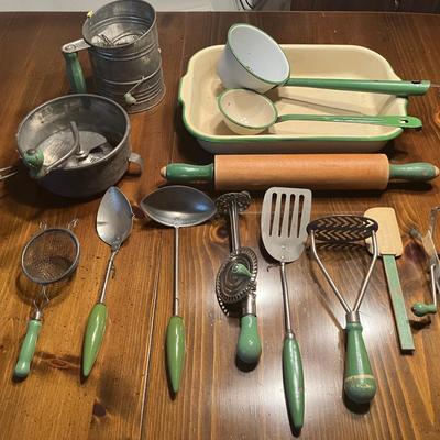 Green Handled Vintage Kitchen Utensils and Green Rimmed Enamelware Baking Pan