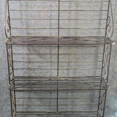 Vintage Wrought Iron Bakers Rack – 4-Tier Scrollwork Shelf for Kitchen or Garden