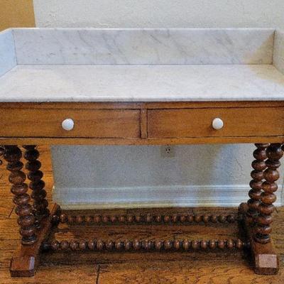 Antique Wood Washstand with White Marble Top & Barley Twist Legs