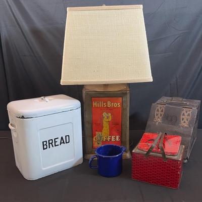Vintage Kitchen & Decor Lot | Hills Bros. Lamp, Bread Box, Enamelware, Metal Tins & More