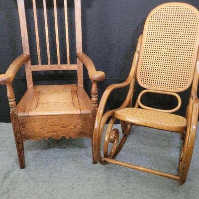 Antique Wood Commode Chair & Vintage Bentwood Cane Rocker – 2-Piece Chair Set