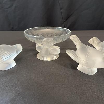 Lalique France Frosted Crystal Bird Figurines & Bowl | 3 Pieces