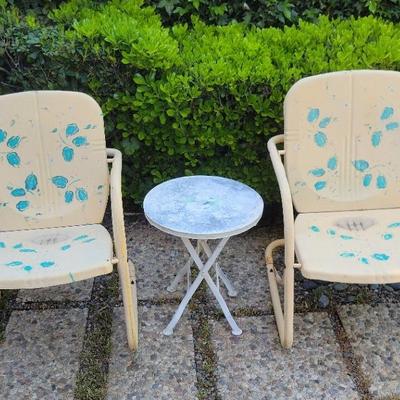 Wei Dong Metal Outdoor Glider Chairs (2) and Folding Table | Hand-Painted Floral