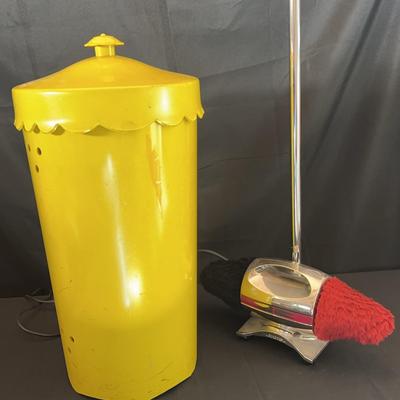 Mid-Century Chrome Shoe Polisher & Vintage Yellow Metal Waste Can | Retro Utility Decor
