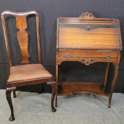 Antique Mahogany Slant-Front Writing Desk with Queen Anne Chair