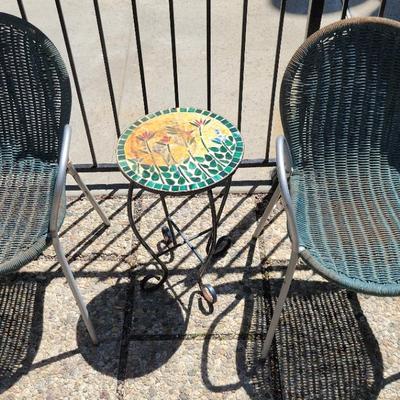 Outdoor Patio Set | 2 Woven Resin Chairs + Mosaic Tile Accent Table | Durable & Decorative