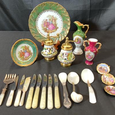 Limoges ‘La Reine’ Mini Vases, Capodimonte Pepper Mills & Mother of Pearl Silverware