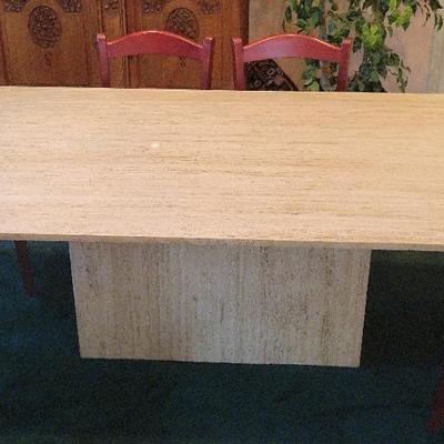 Travertine Dining Table with 6 Ladder Back Rush Seat Chairs