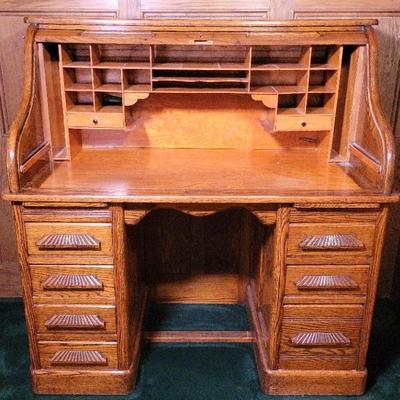 Antique Oak Roll-Top Desk | Tambour Front | 8 Drawers | Carved Pulls