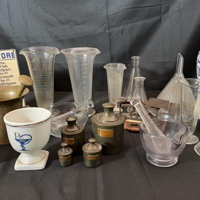 Vintage Apothecary & Pharmacy Lot | Mortars, Beakers, Jars, Scales & Drugstore Sign