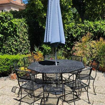Wrought Iron Mesh Patio Dining Set | Octagonal Table, 6 Chairs, & Umbrella