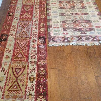 2 Kilim-Style Flatweave Rugs | Tribal Runner & Pastel Accent Rug with Geometric Motifs