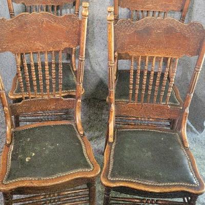Set of 4 Antique Pressed Back Chairs | Lyre Motif | Turned Spindles & Carved Details