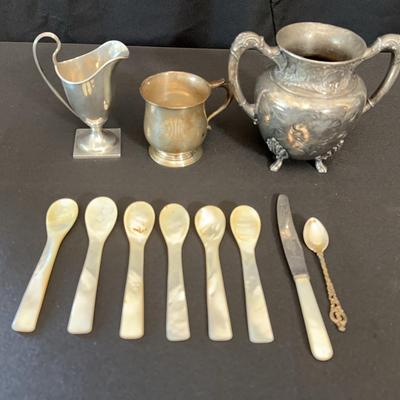 Mother Of Pearl Spoon Set & Silverplate Pitchers