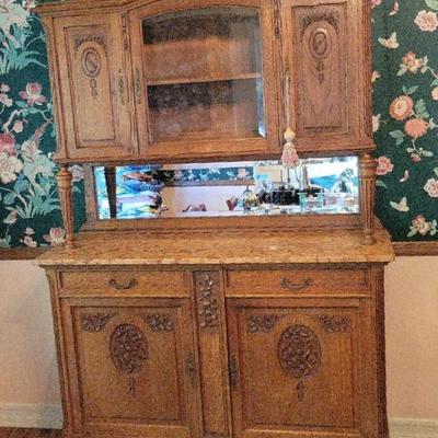 Vintage French Style Oak Buffet Hutch | Ornate Carvings, Mirror & Marble Top