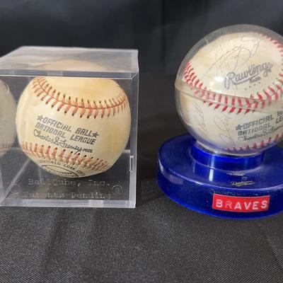 2 Signed MLB Baseballs | Braves & Unknown Team with Display Stands
